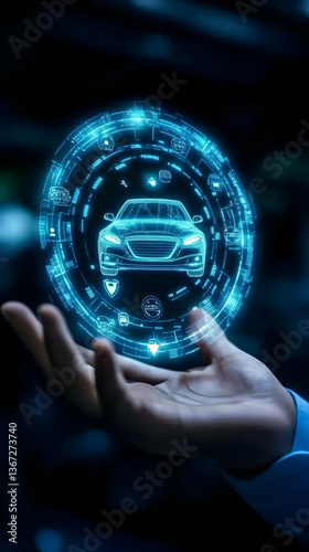Futuristic Digital Car Hologram Displayed on Hand in Blue Light Illustration