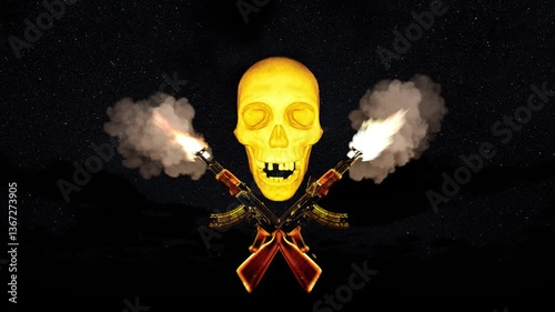 Horrors of the past. The skull and fire attacks. Skull in the light of machine gun fire.