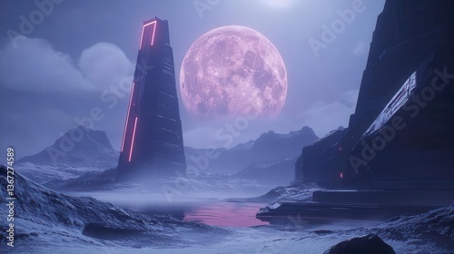 Surreal Landscape with Tower Under a Bright Pink Moon and Mystical Mountains at Night