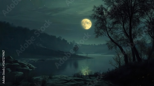 Tranquil Moonlit Landscape Reflecting Over Calm Water Surrounded by Silhouetted Trees at Night