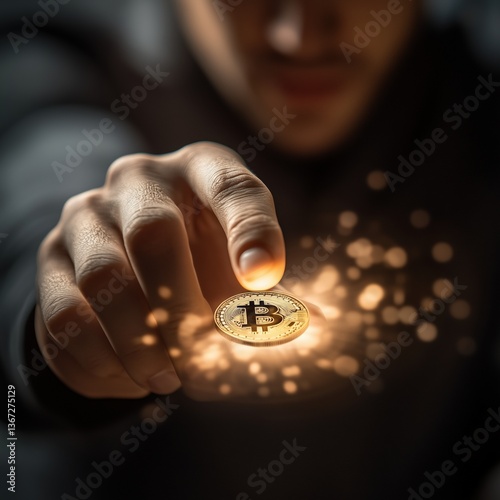 a man holds bitcoin coins close-up