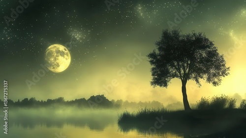 Tranquil Night Landscape with Full Moon and Stars Over Misty Water and Silhouette of a Tree