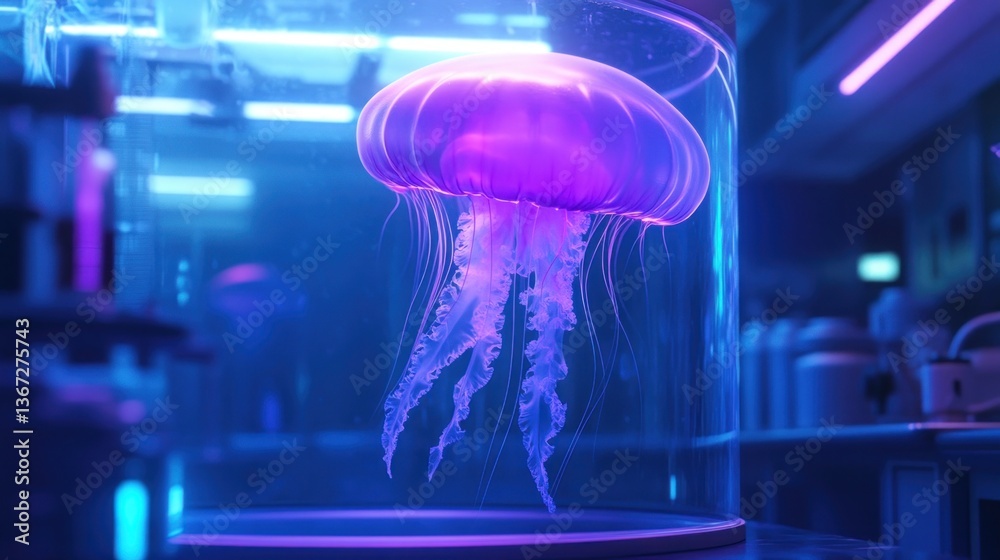 Fototapeta premium Captivating bioluminescent jellyfish in a futuristic laboratory environment research