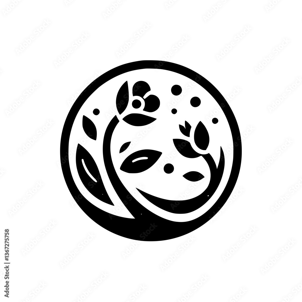 Fototapeta premium Floral Serenity: A Black and White Botanical Circle