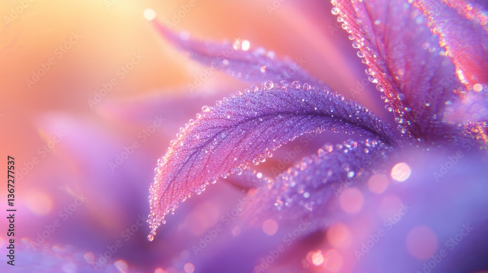 Fototapeta premium Dewdrops adorn purple petals in soft light macro shot