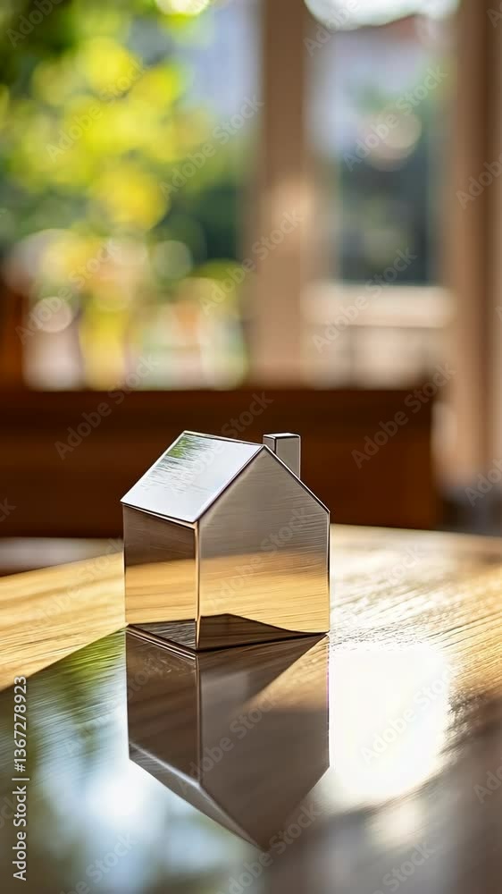 Silver house-shaped decor on table with blurred background and warm sunlight filtering through the windows