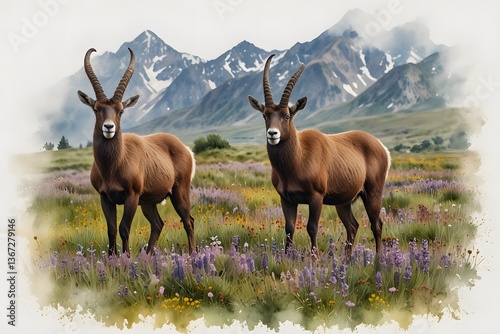 Ibex in a wildflower meadow in watercolor style