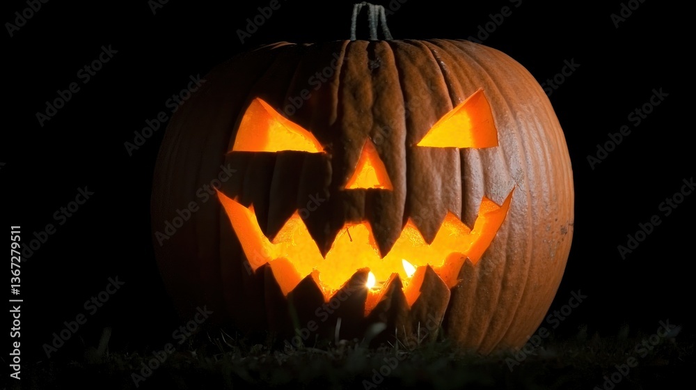 A glowing jack-o'-lantern with a spooky, foggy background.