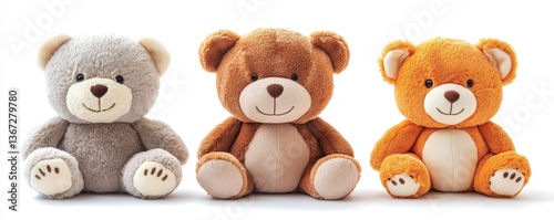cutout set of 3 stuffed animal toys isolated on white background. Generative AI