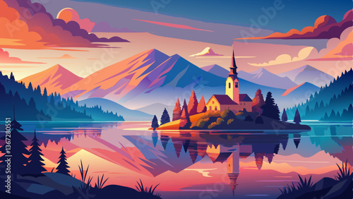 vector of peaceful sunrise over Lake Bled, Slovenia, where a tiny island rests in the still waters