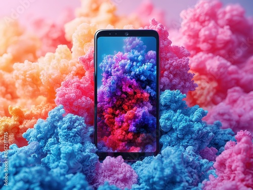A vibrant, 3D rendering of a smartphone, from which a cascade of colorful balloons, like whimsical streamers, erupted, against a backdrop of a soft, pastel sky. 