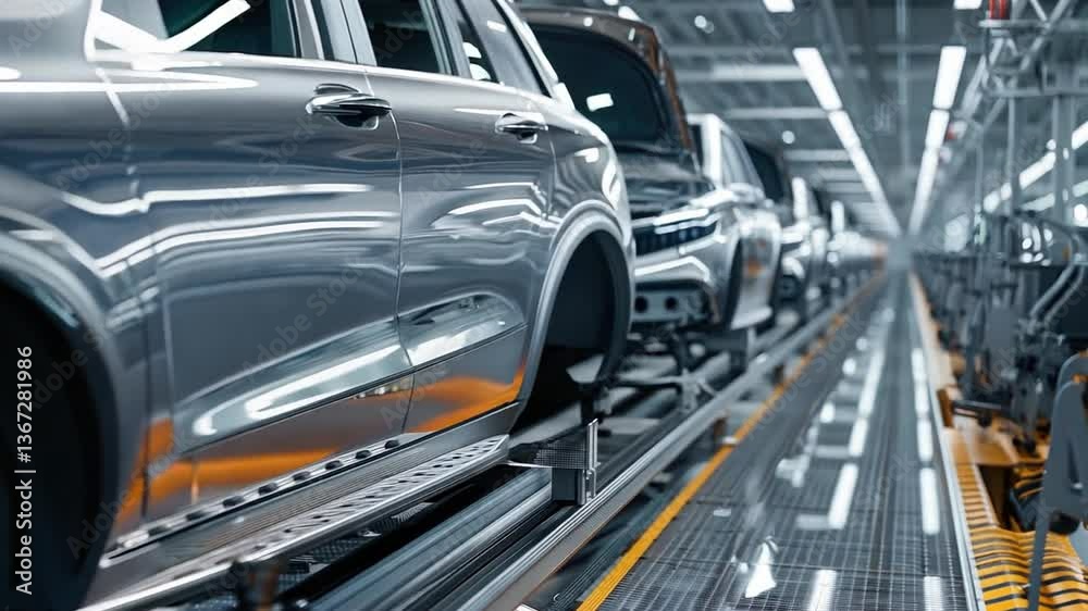 Observe the dynamic manufacturing process of shiny cars moving along the assembly line in a modern facility, showcasing precision engineering and teamwork during the production phase