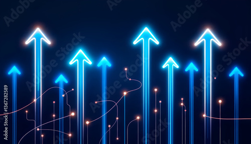 Abstract digital art with glowing blue arrows moving upward, illustrating future technology, business innovation, and financial success.