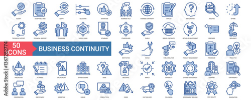 Business Continuity icon collection set. Containing accept, adapt, adjusting, advantage, applied, anticipation, analysis, uptime, technical support, teamwork icon. Simple vector
