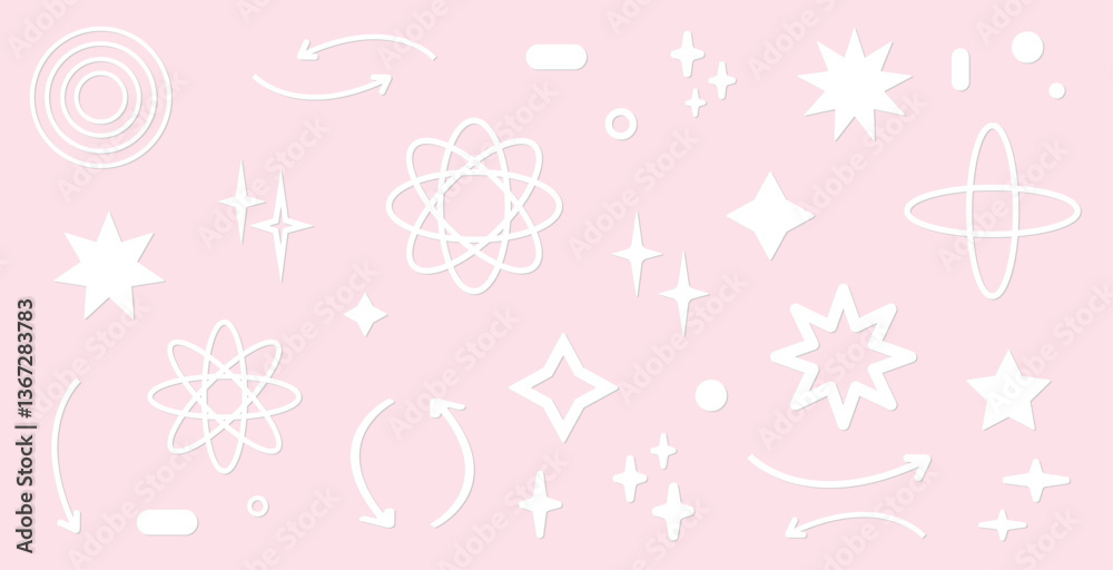 A set of white abstract and geometric elements, including spirals, arrows, circles, stars, diamonds, and structures resembling atoms. It is suitable for use as a decorative background, for creating we A set of white abstract and geometric elements, including spirals, arrows, circles, stars, diamonds, and structures resembling atoms. It is suitable for use as a decorative background, for creating we