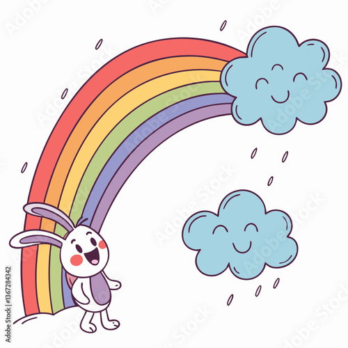 Cheerful bunny under a vibrant rainbow with smiling clouds on a bright day