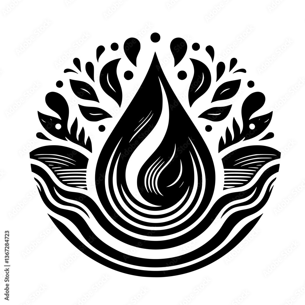 Obraz premium Elemental Harmony: Water Drop & Foliage in Monochrome
