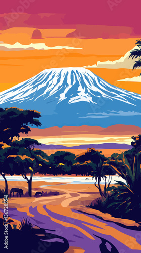 Retro Kilimanjaro Mountain Travel Poster: African Landscape Vacation Concept