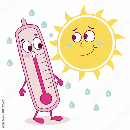 Animated thermometer facing a smiling sun indicating extreme weather conditions