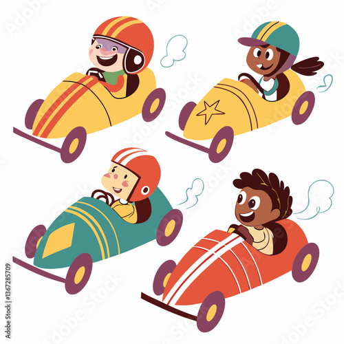 Enthusiastic children racing in playful homemade soapbox derby cars isolated