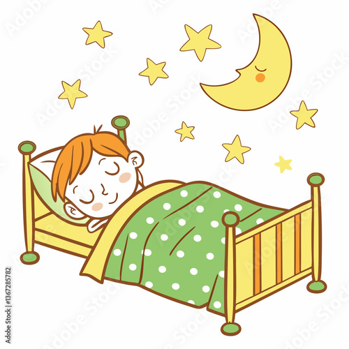 Dreamy slumber illustration of a child resting peacefully under celestial icons