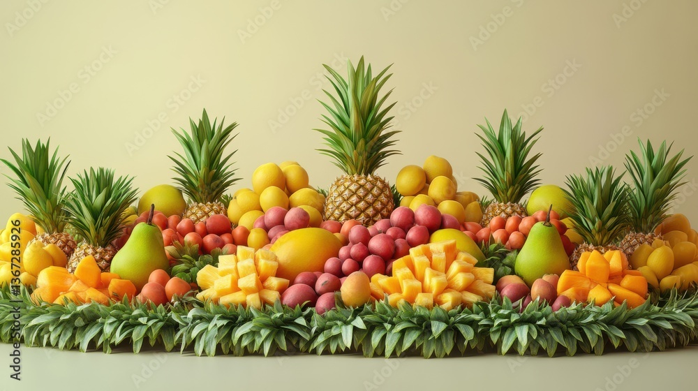 A vibrant arrangement of assorted fruits with greenery in a decorative display. A vibrant arrangement of assorted fruits with greenery in a decorative display.