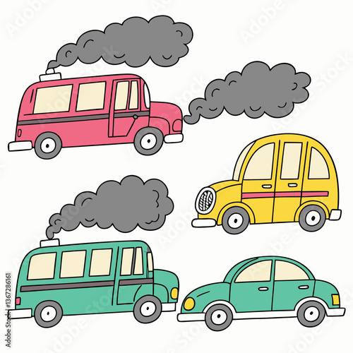Stylized cartoon vehicles emitting pollution, a whimsical environmental commentary