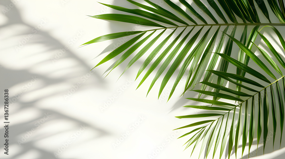 Fototapeta premium Palm leaves leaf shadow on white background. Natural palm branch shadow on white background. Tropical palm leaves shadow overlay effect, ideal for summer spring design elements