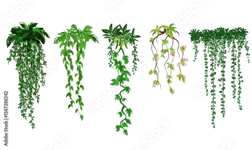 Cartoon Jungle Liana Vines with Greenery and Blossoms in Minimalist Style