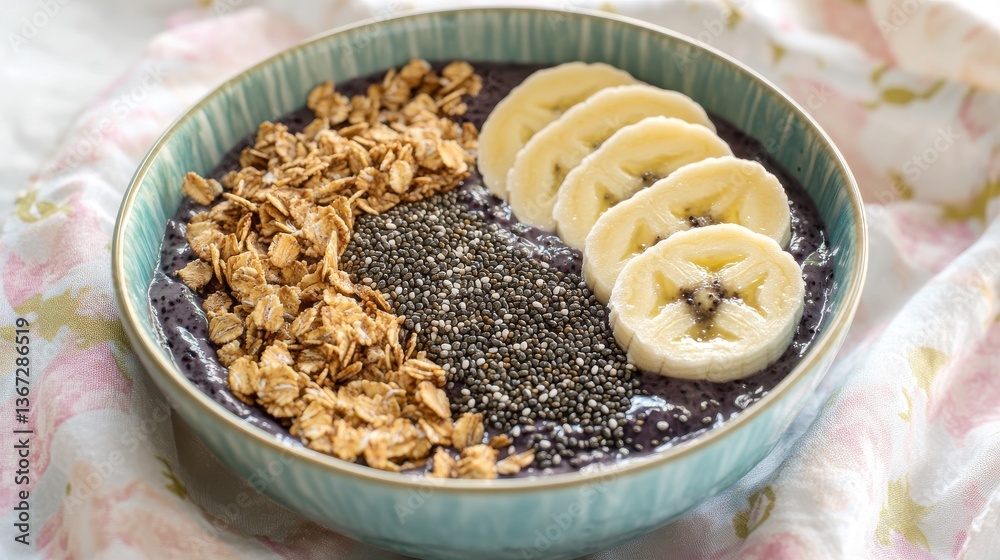 A colorful smoothie bowl topped with banana, granola, and chia seeds. A colorful smoothie bowl topped with banana, granola, and chia seeds.