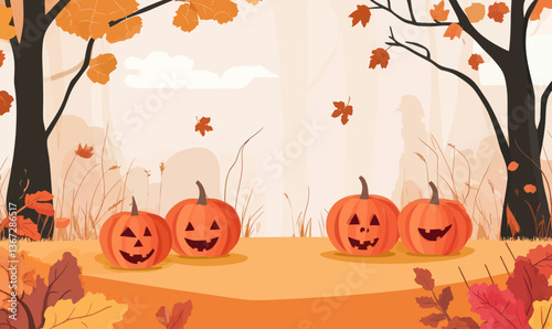 Autumn Halloween Banner with Pumpkin Jack O' Lanterns and Fall Foliage Illustration