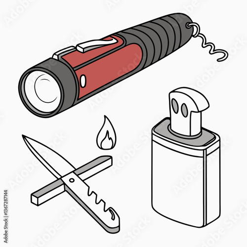 Illustrated Camping Essentials: Flashlight, Knife, Lighter Depicted in Simple Style