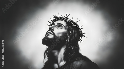 Monochrome Portrait Of Jesus With Crown Of Thorns Looking Upward Illustration