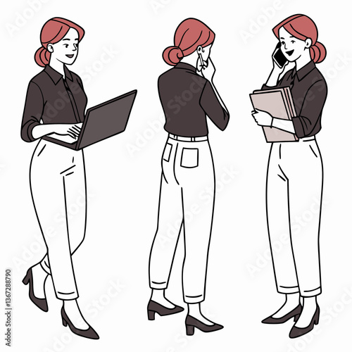 Depiction of a young businesswoman in multiple poses showcasing versatility and dynamism