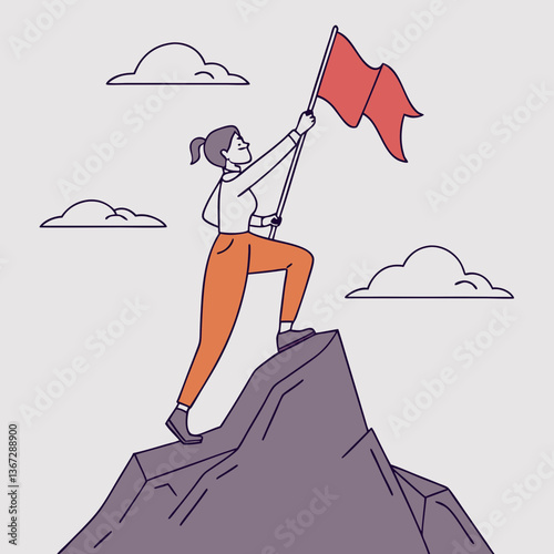 Illustration of ambitious woman planting flag atop mountain peak showcasing triumph