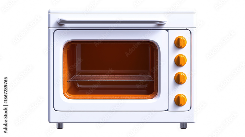 Obraz premium White oven with orange knobs isolated on white background with focus showcasing stylish design for cooking PNG Transparent Background