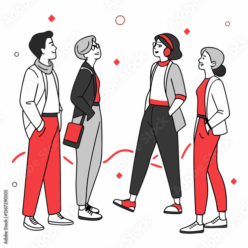 Diverse group of young adults in a stylized scene reflecting casual interactions