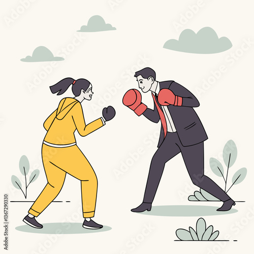 Business Dynamics: Illustrated Confrontation between a Professional Woman and Man