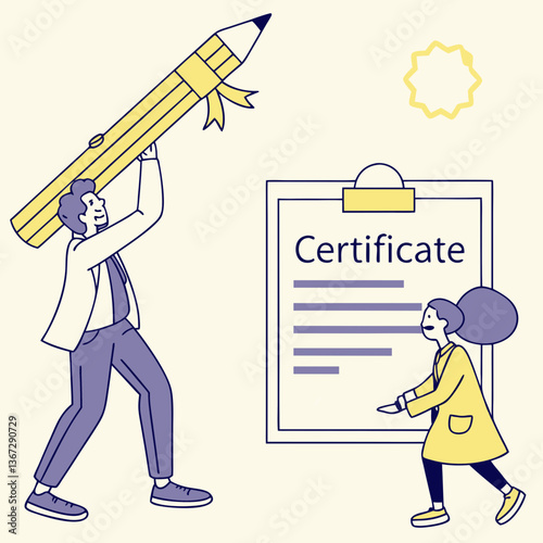 Celebrating achievement: Man holding up giant pencil by certificate presentation