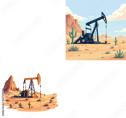 Pump jack extracting crude oil in the desert landscape