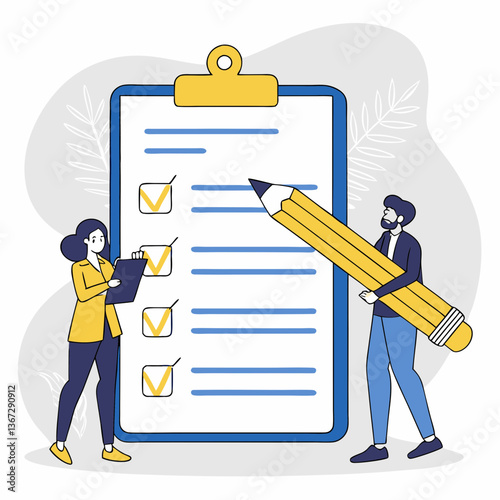 Collaborative task management: Illustration of team members completing checklist