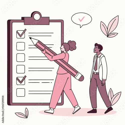 Completion affirmation: illustrated team achieving project milestones with precision