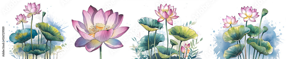 Naklejka premium Watercolor lotus flower painting isolated on a white background, ideal for floral, nature, and artistic designs