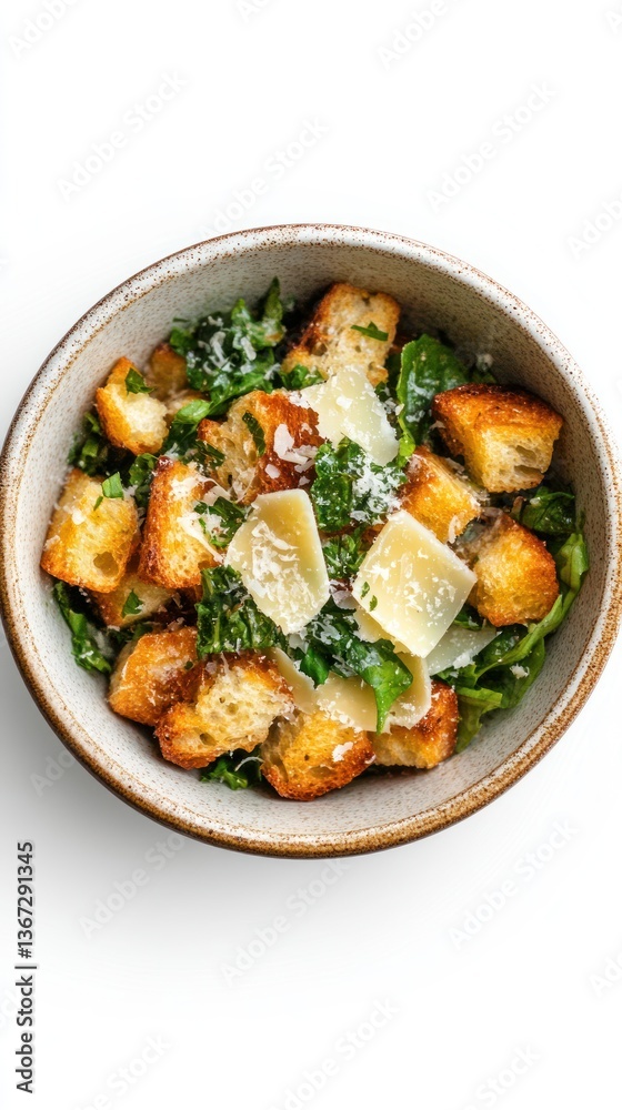 Inviting caesar salad featuring crunchy croutons and parmesan in ceramic bowl Inviting caesar salad featuring crunchy croutons and parmesan in ceramic bowl