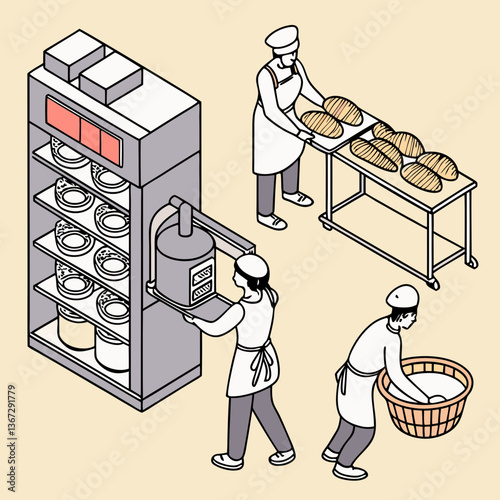 Isometric depiction of a bakery setup with employees processing fresh bread