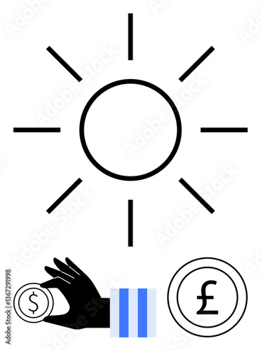 Sun surrounded by rays, hand holding coin, pound currency. Ideal for finance, investment, sustainability, renewable energy, economic growth global economy innovative solutions. Flat simple metaphor