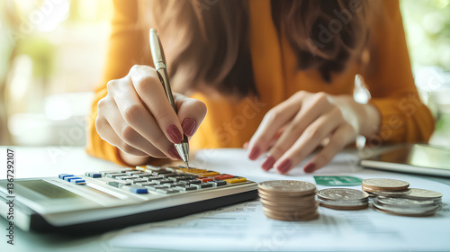 Planning retirement and using the retirement benefits concept, Businesswomen Calculate your retirement savings, Health care, travel, Relaxation with family, Pension, Banking Savings, Health insurance