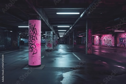 Dark parking garage interior with wet concrete floor illuminated by neon lights and pink graffiti on pillars creating an atmospheric urban scene