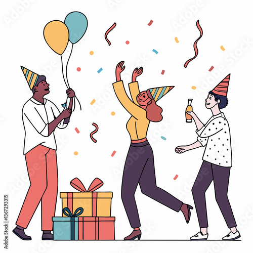 Joyful celebration with friends, gifts, balloons, confetti, and shared laughter