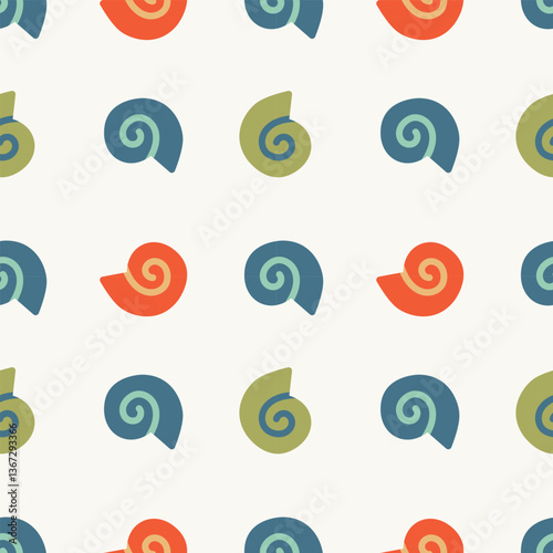 Colorful seashells seamless pattern. Naive vector illustration for fabric, background, packaging, paper, cover